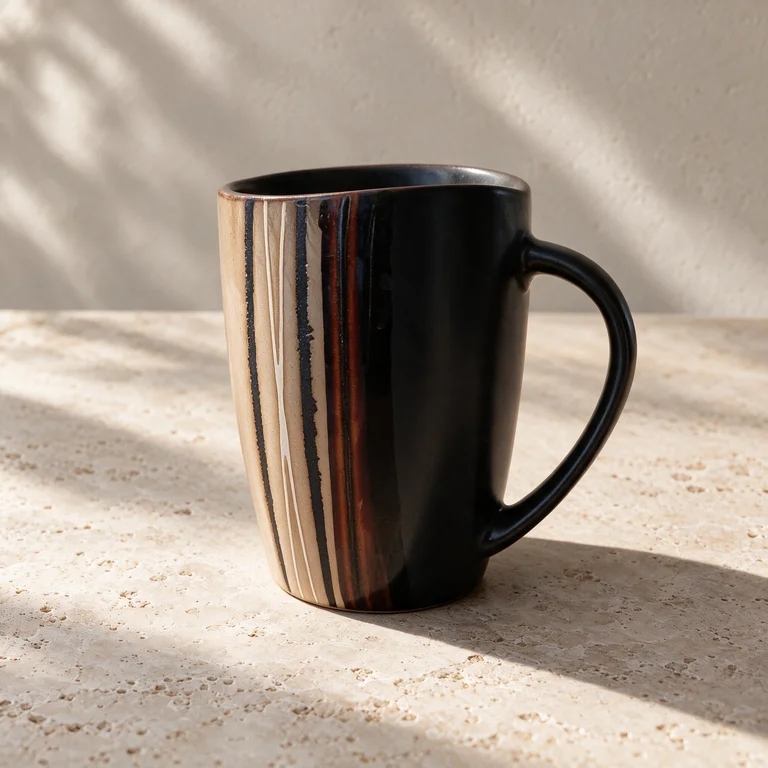 AI output: the striped coffee mug on stone in warm light