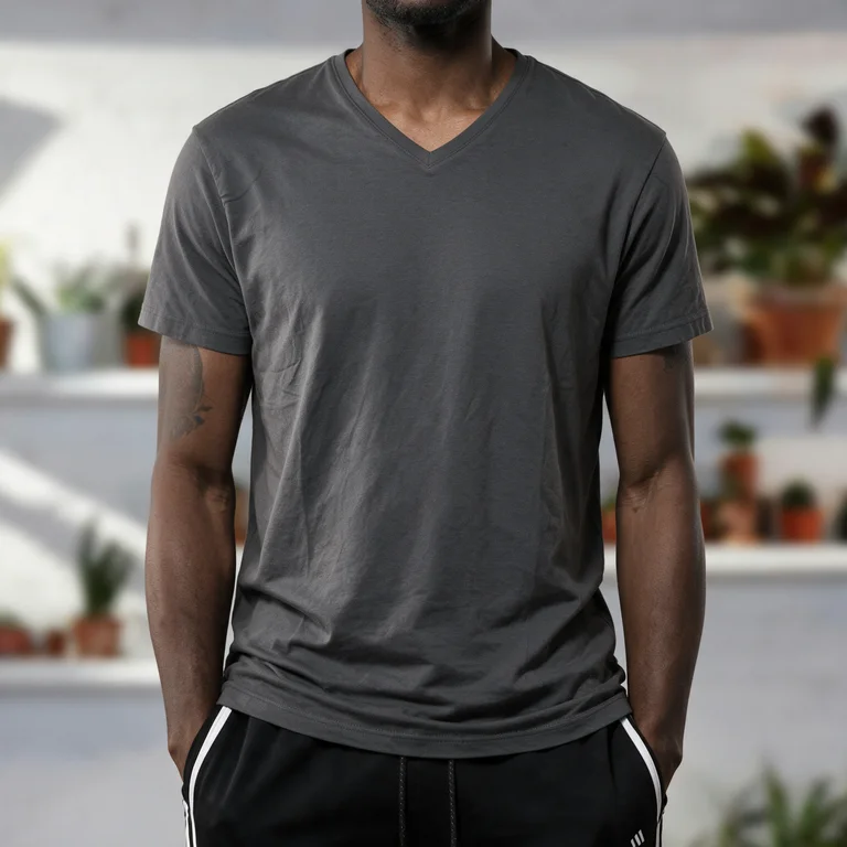AI output: the grey V-neck t-shirt worn by a model