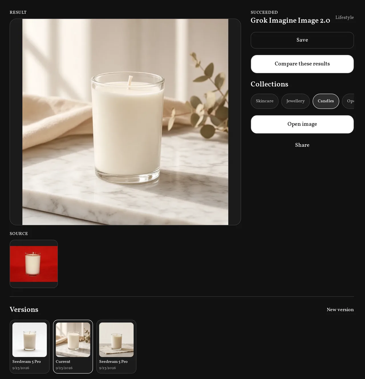 Screenshot of the Very Nice Photos app: a candle output with its source photo, collections and the other versions of the same photo